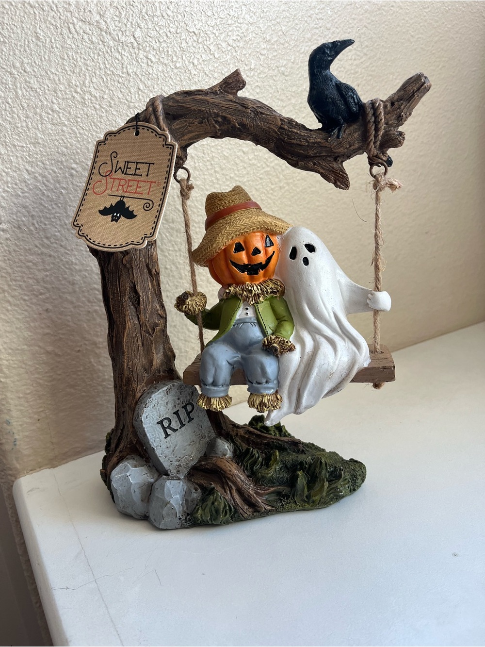 Sweet Street Halloween Pumpkin Head & Ghost Swing in tree Figurine